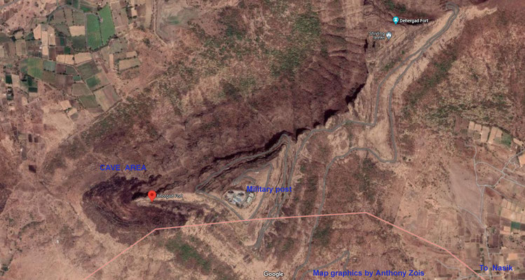 Bhorgad cave area - aerial.  Map graphics by Anthony Zois.