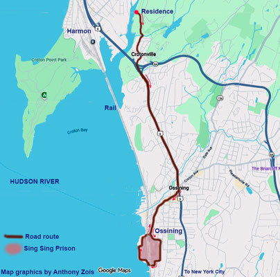 Map shows the road route from the house in Cronton to Ossining and back. Map graphics by A. Zois.