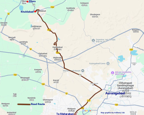 Map shows the road route to Khuldabad via Aurangadab, India.