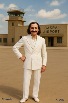 This AI image shows Meher Baba at Basra, Iraq, before boarding his plane for Baghdad, Iraq. Image produced by Anthony Zois.