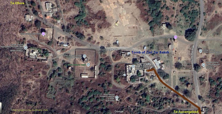 Arial map show the route to the Tomb of ZarZari Zar Baksh in Khuldabad.