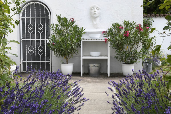 Symmetrische Gartenansicht mit Lavendelweg, pink blühendem Oleander in großen Kübeln und Skulptur einer jugendlichen Schönheit auf einem Pflanztisch.