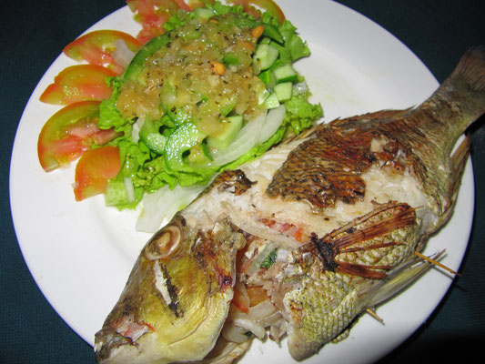 Gegrillter Meeresfisch mit Kräuter-Gemüse-Füllung und Beilagensalat.