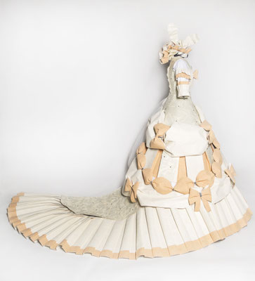 Marie Antoinette inspired half dress made from book pages and wallpaper.