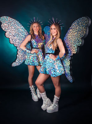 Holographic wings with a blue/purple/pink shift and detachable frame.
