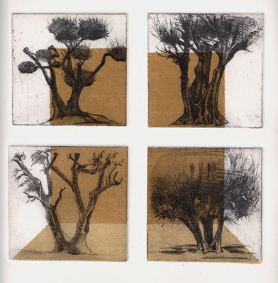 Olive Tree Grid, 3X3" each square Drypoint and Etching and Chine Colle 2013