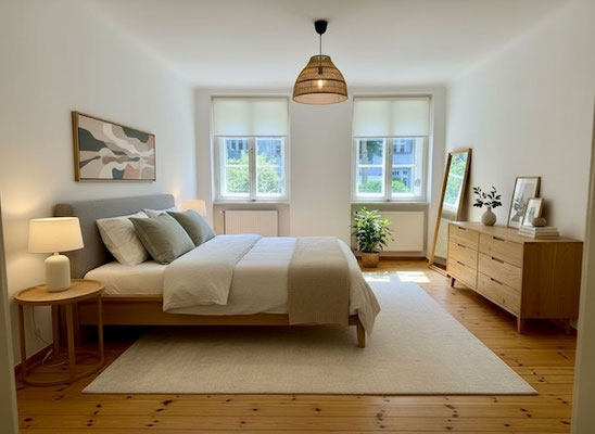 Schlafzimmer der 3-Zimmer-Eigentumswohnung in Berlin-Steglitz mit Altbaucharakter