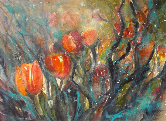 Rote Tulpen im Garten  36 x 48