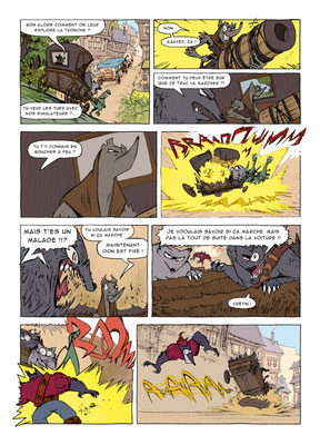 page-bd-francois-salembier-medieval-fantastique-jeunesse-animeaux-personnage-anthropomorphe-mechant-loup-débile