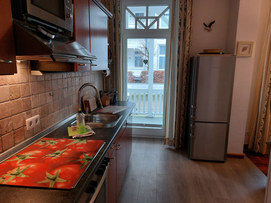 Küche mit Ceranfeld, Backofen, Geschirrspüler und Balkonzugang