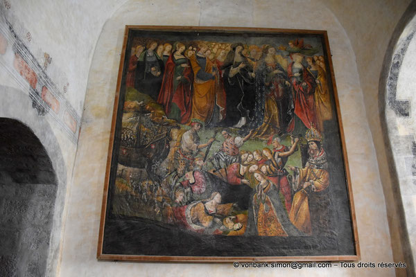 [NU926-2023-5621] 43 - Lavaudieu - Abbaye : Martyre et glorification de sainte Ursule (Peinture déposée puis reportée sur toile et exposée dans le transept Nord (XVI°))