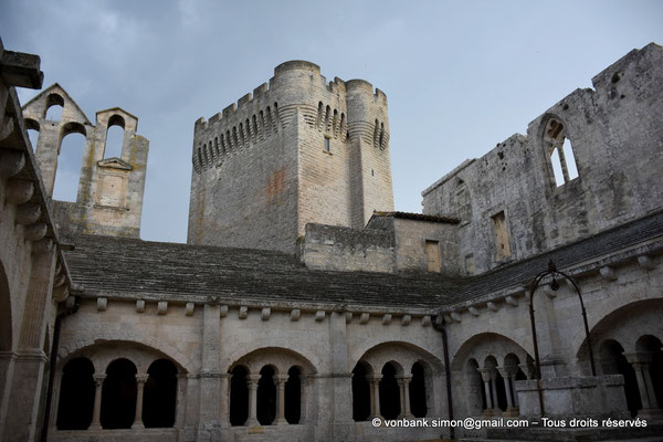 [NU926-2023-6236] 13 - Montmajour - Abbaye Saint-Pierre - Cloître : Angle Sud-Est - Tour Pons de l'Orme (XIV°) et ruines de la façade du dortoir (vue prise depuis la Galerie Sud)