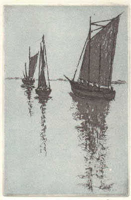 Grey, Hilmar, Zeesen-Boote, Saaler Bodden, Farbradierung-Reservage, 2015, 14-15, 14,5x9,8 cm / 30 Euro