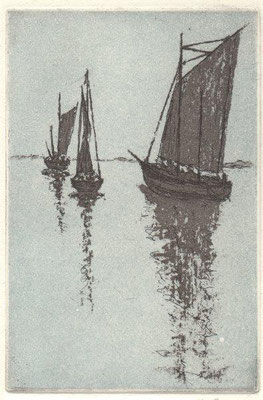 Grey, Hilmar, Zeesen-Boote, Saaler Bodden, Farbradierung-Reservage, 2015, 14-15, 14,5x9,8 cm / 30 Euro