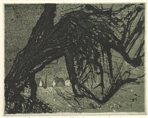Müller, Helmut, Abendliches Dorf I, Radierung-Reservage-Aquatinta, 2010, ea, 12,5x16 cm / 60 Euro