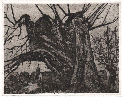 Müller, Helmut, Abendliches Dorf II, Radierung-Reservage-Aquatinta, 2010, 9-20, 12,5x16 cm / 60 Euro