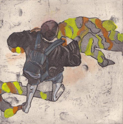  Streit, Andrea, In der Mitte wirst du am sichersten gehen, Aquatinta aquarelliert 2015, 15x15 cm / 120 Euro