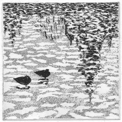 Kramer, Rotraut, Winter am Knieperteich in Stralsund, Radierung-Reservage-Aquatinta, 2017, ea, 9,5x9,5 cm / 30 Euro