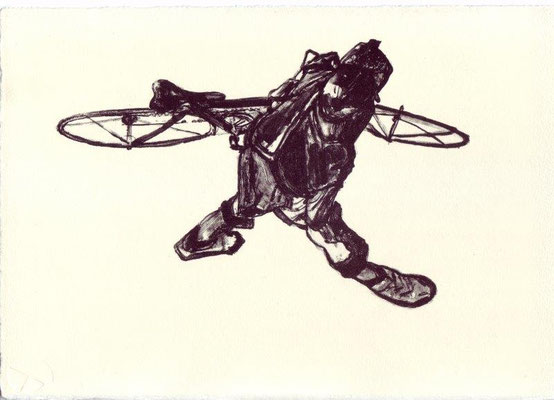 Streit, Andrea, Ein famoser Radfahrer ist, wer sein Rad auch schieben kann, Lithographie 2009, 21x29 cm, Auflage 20 / 180 Euro