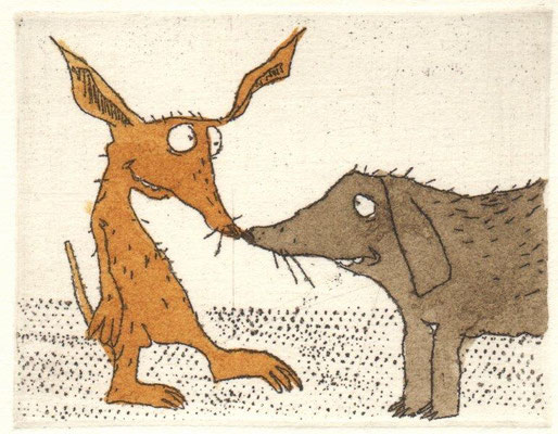 Drewelow, Heike, Nase Nase, Radierung koloriert, 2015, 9-15, 8x6 cm / 30 Euro