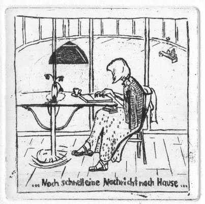 Kramer, Rotraut, Noch schnell eine Nachricht nach Hause, Radierung-Aquatinta, 2017, ea, 9,5x10 cm / 30 Euro
