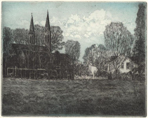 Bartsch, Ekkehard, Pankow Kirche, Farbradierung-Aquatinta 2017, 19,5x24,5 cm / 70 Euro