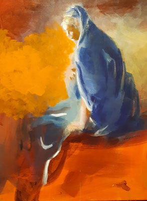 Maria-Betrachtend, Acryl, 70 x 50 cm , 2021/22, frei nach Kremser Schmidt: Christus und Marienvision des hl. Augustinus, Öl, 1757, Bischofshof St.Pölten