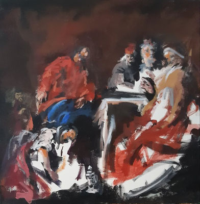 Christus und Magdalena, Acryl | 60 x 80 cm | 2016 , 2022 überarbeitet, frei nach KS : "Christus im Haus des Simon" , Öl 53 x 63c, 1798, Stift Seitenstetten