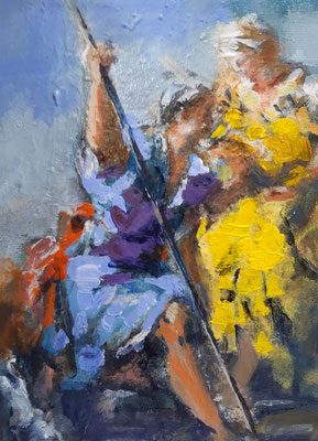 Rebecca und Elieser, Acryl | 24 x 18 cm | 2019 / 2021, frei nach Kremser Schmidt, im Privatbesitz