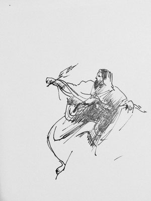 Johannes schreibt an der "Offenbarung", Zeichnung,15x20cm, 2025