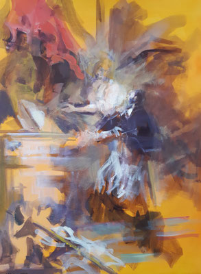 Nepomuk betet um Stärkung, Acryl | 70 x 50 cm | 2019/2021, frei nach Kremser Schmidt, IM VERKAUF € 1.400