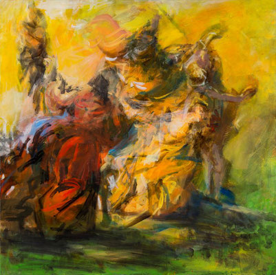 Barbara, sich widersetzen, Acryl, 100 x 100 cm, 2016, frei nach KS "Martyruium der Hl. Barbara, 42 x 53 cm, Öl, 42 x 53 cm , 1800 Stift Admont