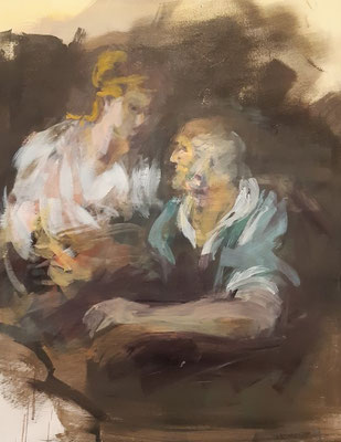 Petrus mit seiner Tochter, Acryl, 70x60cm, 2020, frei nach Kremser Schmidt
