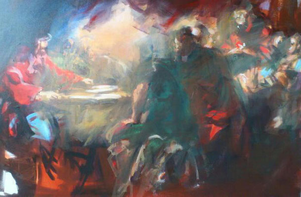 Beim letzten Abendmahl, Acryl | 90 x 120 cm | 2016, frei nach KS : "Wer mit mir die Hand in die Schüssel taucht...", Öl, 53x63cm, 1798, Stift Seitenstetten