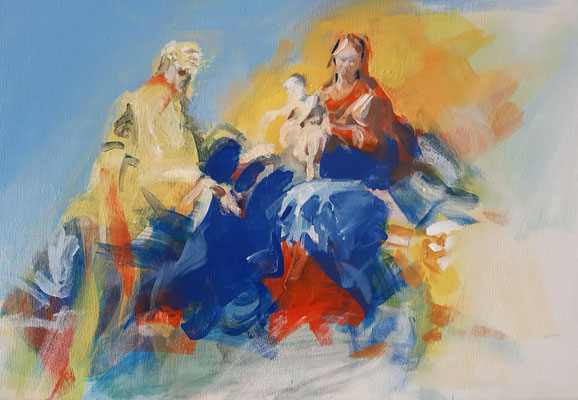 Hl. Familie, Acryl | 30 x 50 cm | 2021, frei nach Kremser Schmidts Entwurf für ein Altarblatt in Maria Taferl, im Privatbesitz