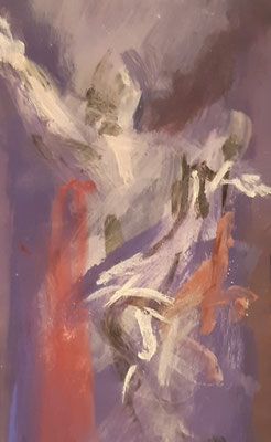"Der Auferstandene", Acryl auf Fotopapier, 15x7cm, 2024, frei nach Kremser Schmidt, Entwurf für das Fastentuch der Stadtpfarrkirche von Bruck a.d. Mur