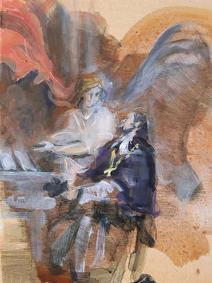 Nepomuk betet in Altbunzlau, Acryl | 35 x 26 cm | 2021, frei nach Kremser Schmidt, im Privatbesitz
