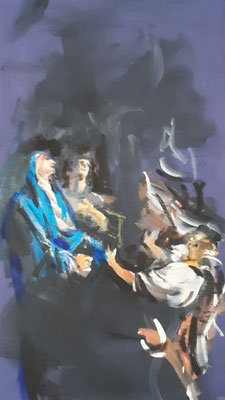Unter dem Kreuz (Maria, Johannes, Magdalena), Acryl, 50 x 30 cm, 2024, frei nach Kremser Schmidt, € 600