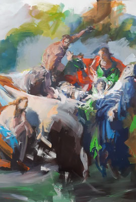 Österlich, Acryl, 120 x 90 cm, 2019, frei nach Carlo I. Carlone "Kreuzabnahme,Öl, 1724 