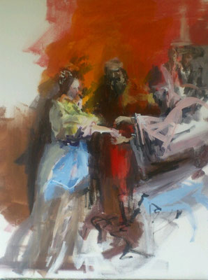 Vermählung Mariens, Acryl | 80 x 70 cm | 2016, frei nach KS : "Vermählung mariens im Tempel", Öl, 27x20cm, 1769, Stift Göttweig