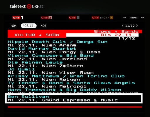 Konzert Ankündigung im ORF 1 Teletext / 2023
