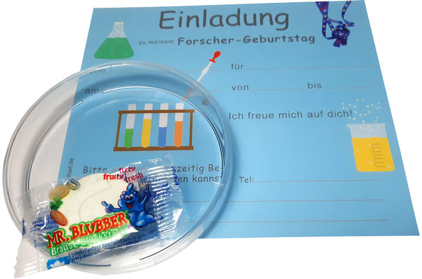 Einladungen Kindergeburtstag in der Petrischale blauzglas gelb