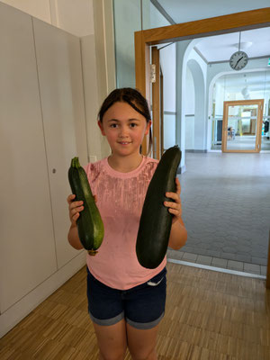 Eine Schülerin hält zwei große Zucchinis hoch.