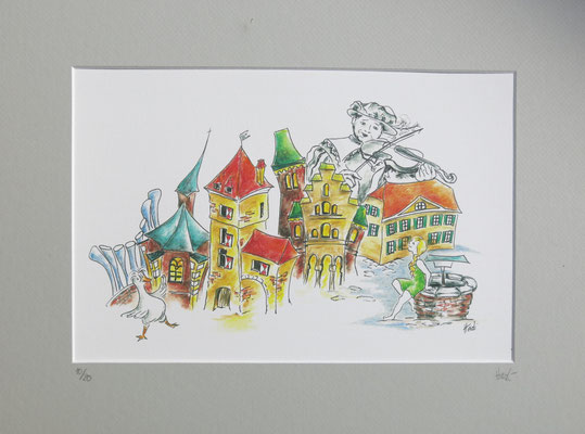 "Skyline mit Spielmann" - Druck incl. Passepartout 30x40 limitierte Auflage von 20 Stck   -    45,-
