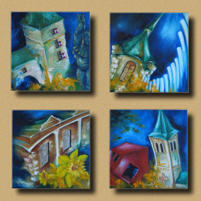 Monheim im Quadrat Öl auf Leinwand 20x20x6  Einzelpreis 80,- / im 4er-Set   VERKAUFT