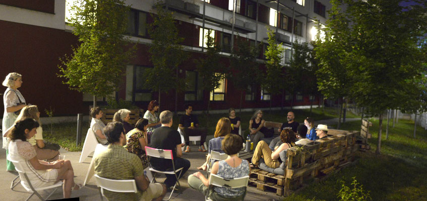 Artist talk in the courtyard of Viennabase - Donau - Home for Students, which is also the home of the OpenCave