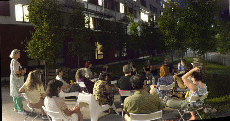 Artist talk in the courtyard of Viennabase - Donau - Home for Students, which is also the home of the OpenCave