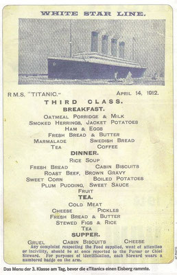 Menu 3.Klasse auf der Titanic, Vorabend des Untergangs