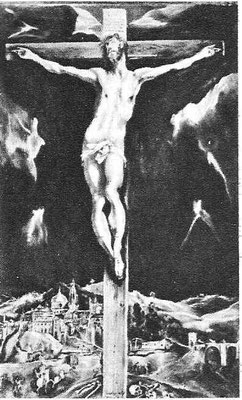 El Greco,der Gekreuzigte vor Jerusalem/Toledo, Lw.111x69cm,Madrid, Banco Urquijo