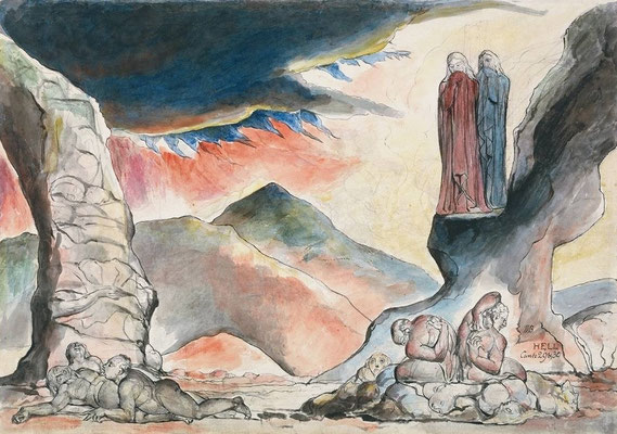 William Blake 1838 Dante-Illustration (Bentley 448.6; Coll. R.Essick) The pit of disease: falsifiers